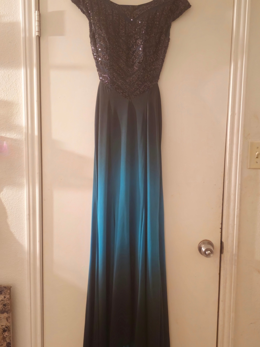 Sequined Off-Shoulder Ombre Maxi Dress in Black and Teal